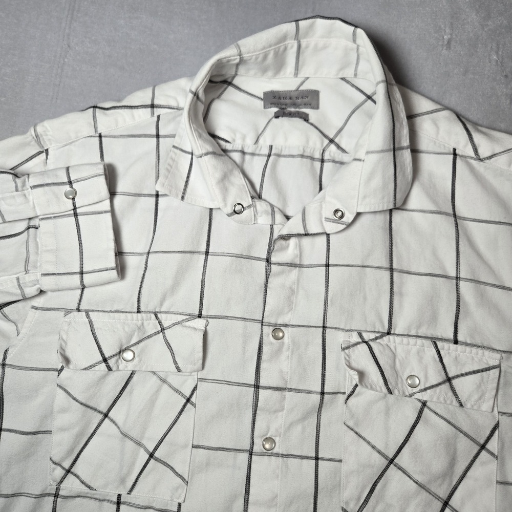 Zara Pearl Snap Button Down Slim Fit Long Sleeve Shirt Sz Large See Measurements